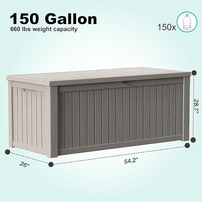150Gal Outdoor Deck Box Waterproof, Lager Patio Storage Box Indoor and Outdoor Use, Lockable Resin Storage Bin for Patio Furniture Cushions Garden Tools, Package Delivery,UV Resistant-Grey