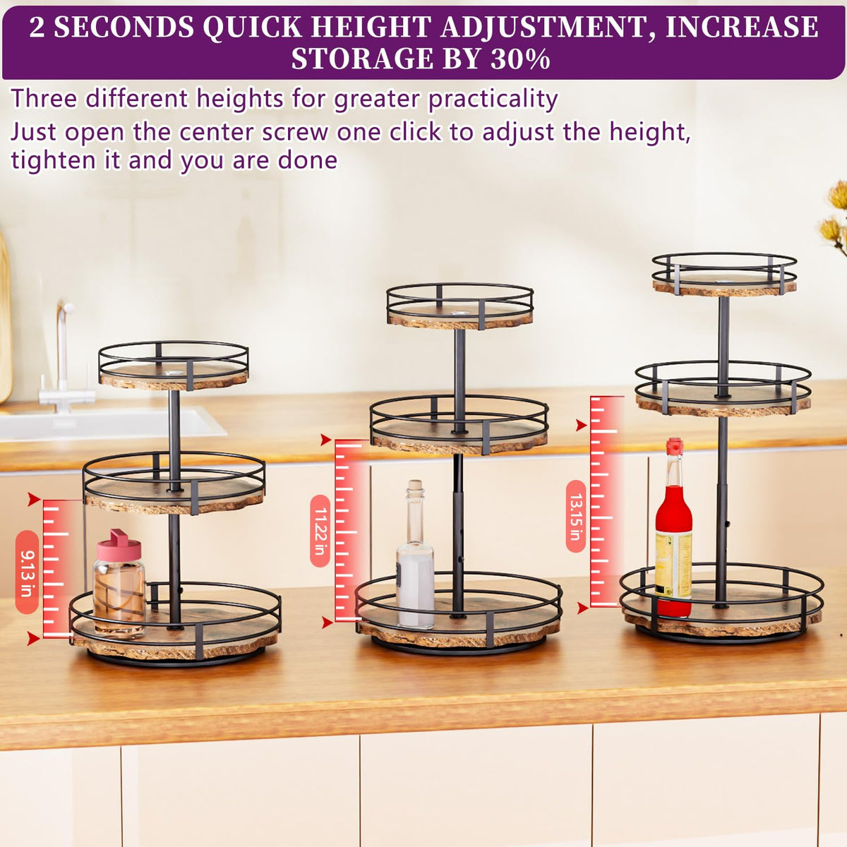 Heavy-Duty 3-Tier Lazy Susan Organizer, Adjustable to Different Heights, Countertop Spice Rack, Upgraded Thickened Wooden Board, Suitable for Seasoning Organizer, Kitchen Organization