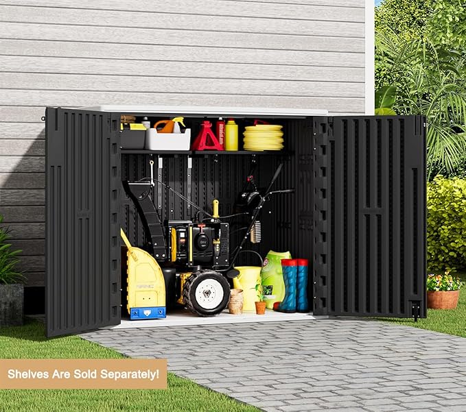 KINYING Outdoor Horizontal Storage Sheds,37 Cu.ft Outdoor Storage Cabinet Waterproof Resin Tool Storage Box for Lawn Mower,Garden Tools and Patio Furniture, Lockable (Black)