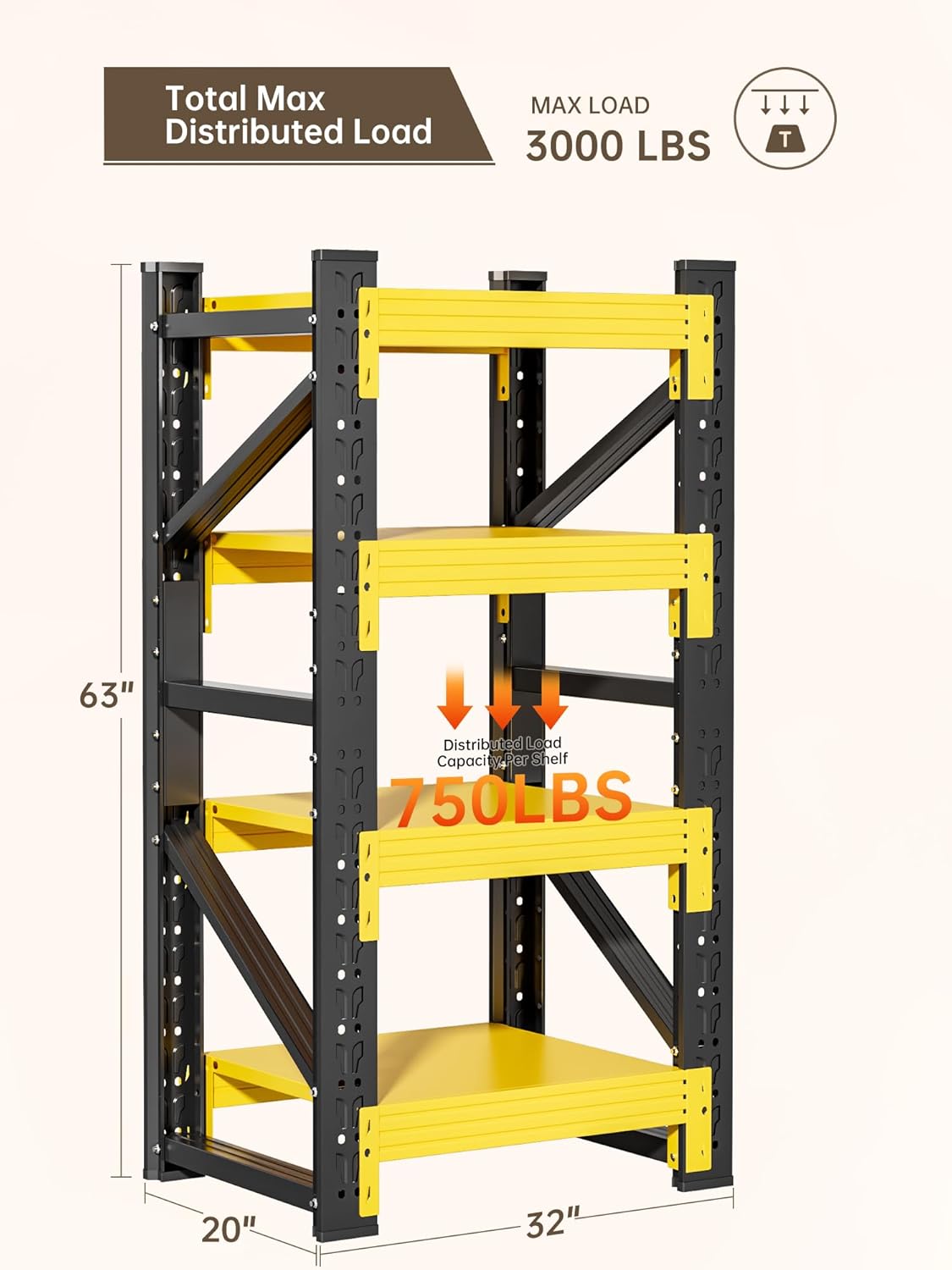4-Tier Storage Shelves,63" H Heavy-Duty Garage Shelving Unit,Adjustable Industrial Metal Shelf System,3,000lbs Capacity,Tool Organizer for Garage,Workshop,32" W*20" D*63" H,Black&Yellow