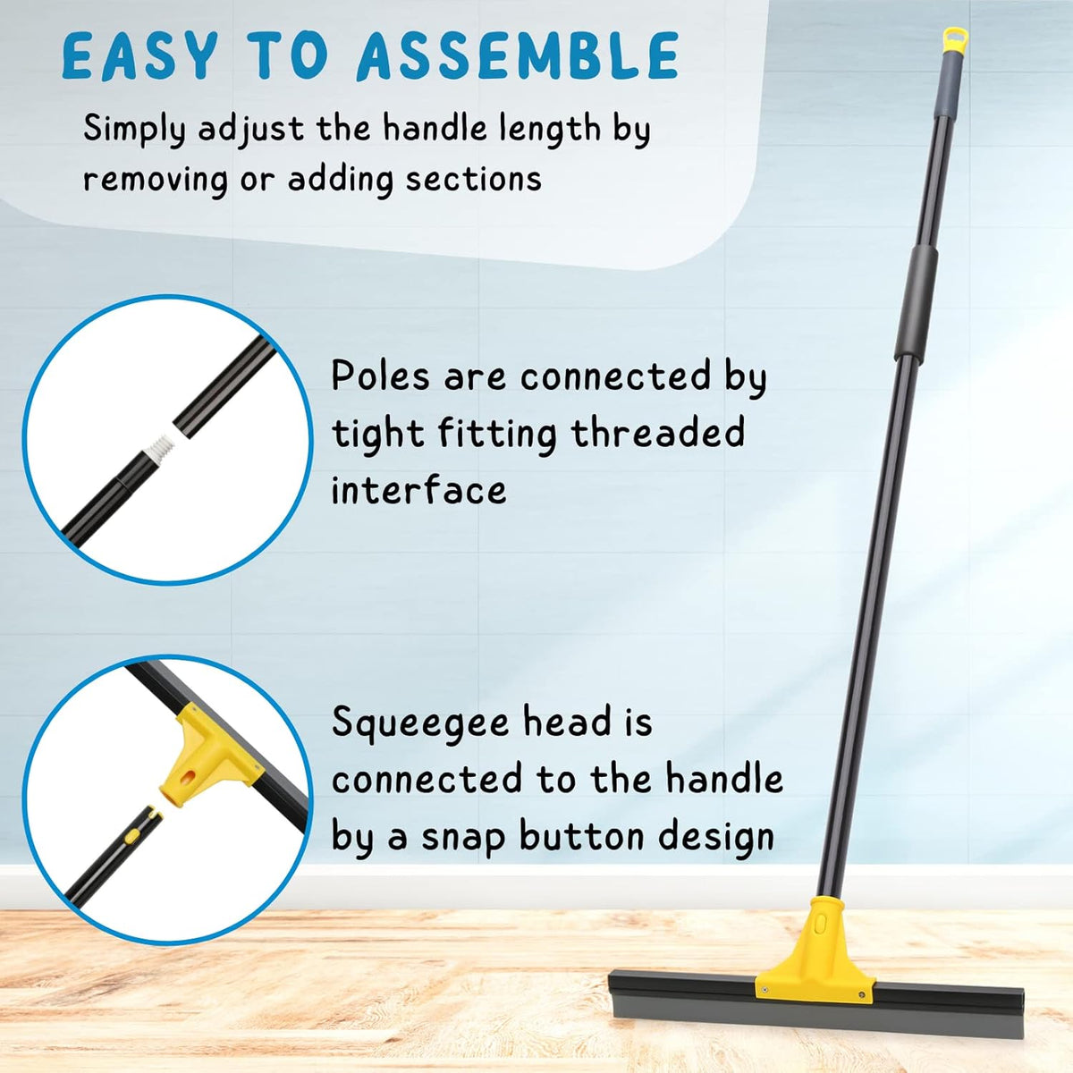 Squeegee Broom for Floor, 18'' Heavy Duty Rubber Wiper with 60'' Long Handle for Bathroom Tile, Garage Concrete, Deck, Shower Glass, Window Cleaning