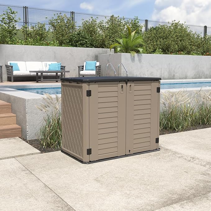 KINYING Outdoor Storage Shed - Horizontal Storage Cabinet Waterproof for Garden, Patio, Backyard, Storage Box for Easy Storage of Garbage Cans, Tools, Lawn Mower, 35 Cubic Feet,Dark Brown