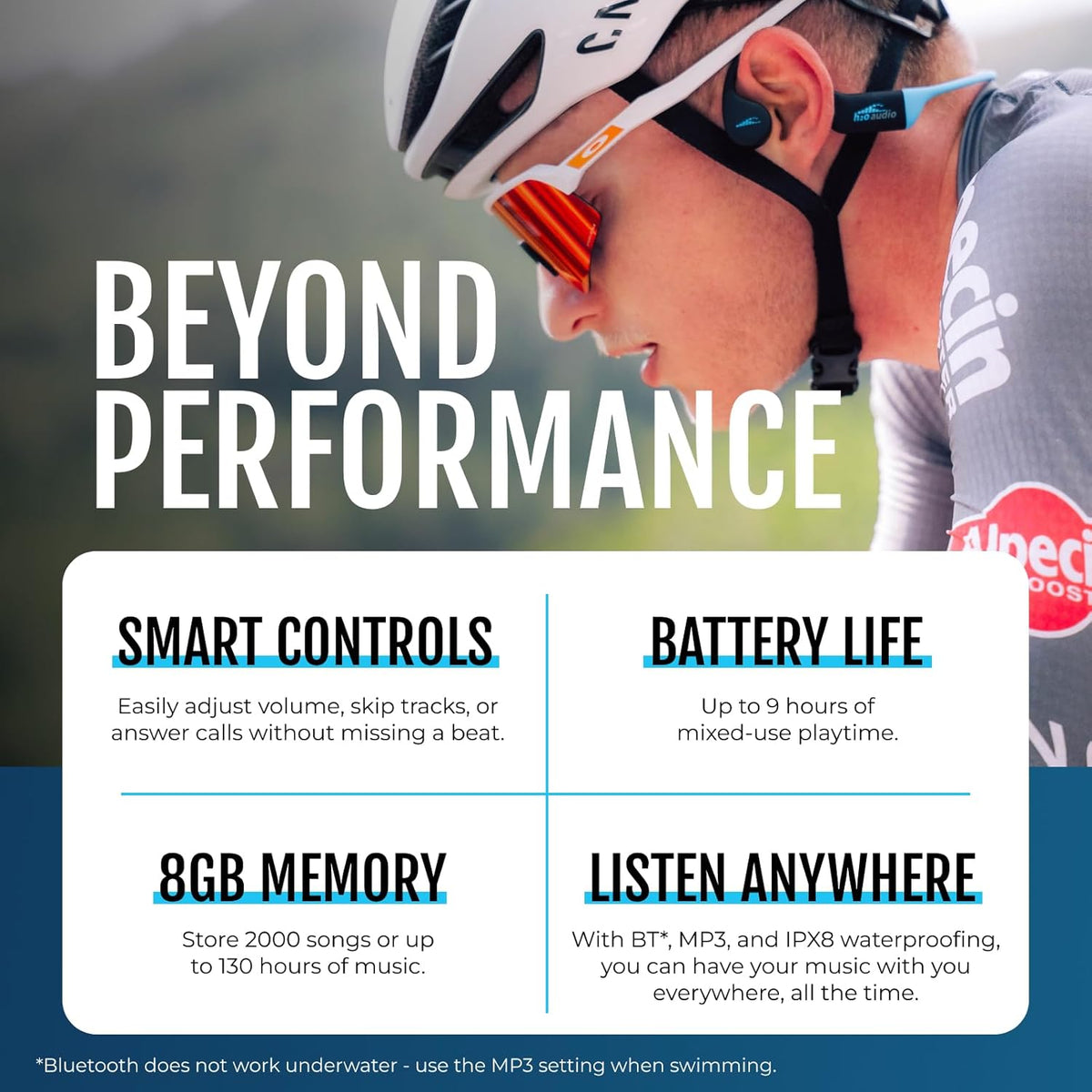 H2O Audio TRI 2 Multisport Waterproof Bone Conduction Open Ear Headphones, Bluetooth 5.3 for Running and Cycling, MP3 Mode for Swimming, 8GB Memory, 8.5-Hour Battery, Black/Blue
