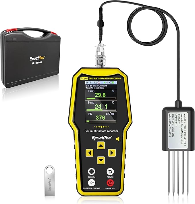 7 in 1 Soil Tester, ±1% High Precision Digital NPK Tester/Soil Moisture Meter/PH Tester/Temperature/EC Monitor for Agriculture, Plant Cultivation, Geological Survey with Data Storage & Export