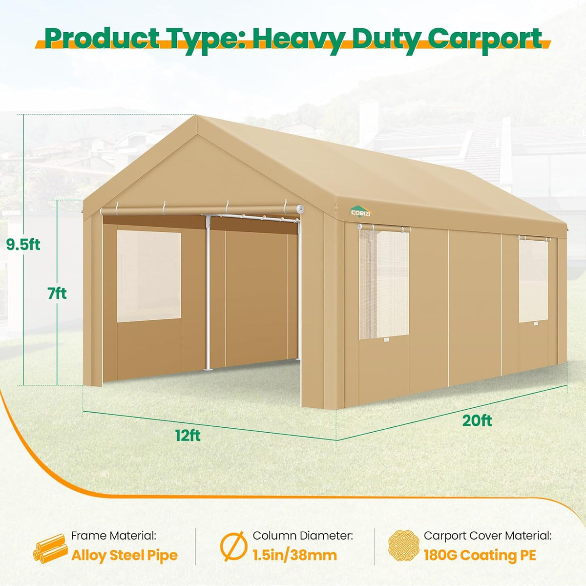 COBIZI Carport Canopy 12x20 Heavy Duty Portable Garage with Roll-Up Ventilation Windows & Doors, Removable Sidewalls Car Canopy Tent Waterproof with Built-in Sandbags for Cars, Boats, Trucks, Khaki