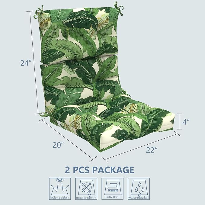 LVTXIII Outdoor Seat/Back Chair Cushion Patio Tufted High Back Cushion, Seasonal Replacement Rocking Chair Cushion with Ties (22” W x 20D”, Set of 2, Swaying Palms Green)