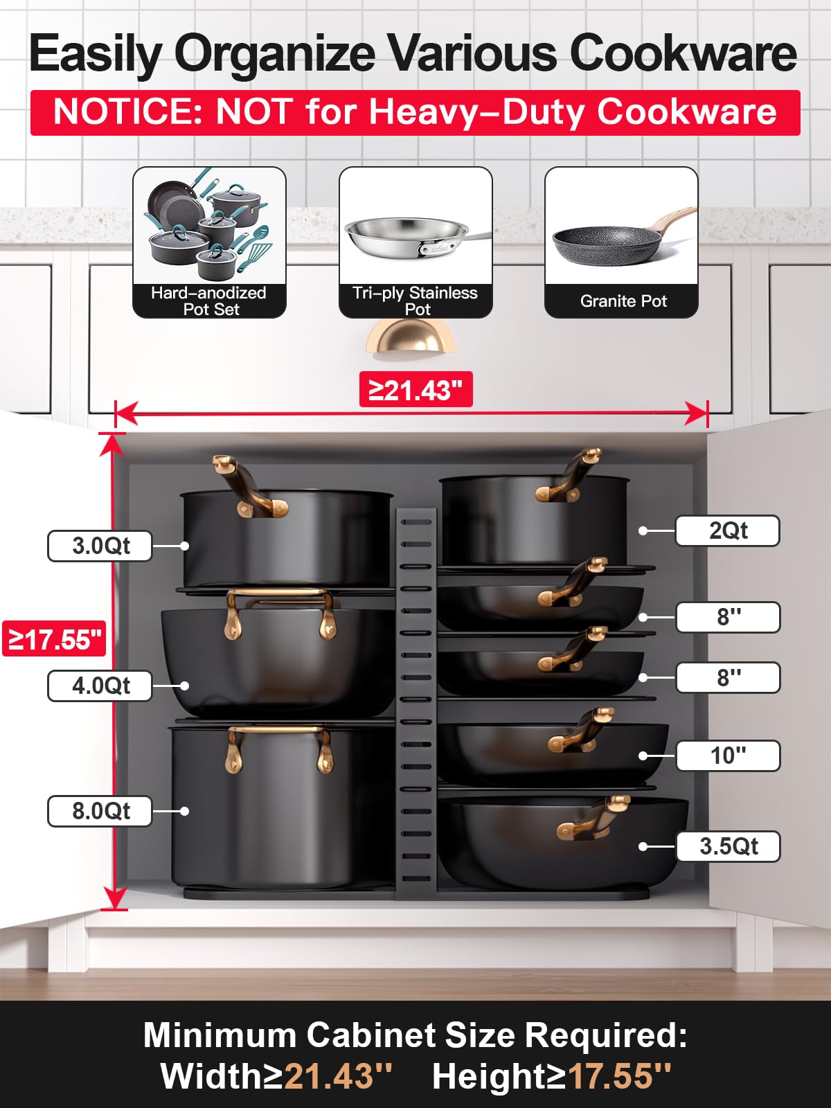 MUDEELA 8-Tier Lightweight Pots and Pans Organizer under Cabinet, 14.55" H
