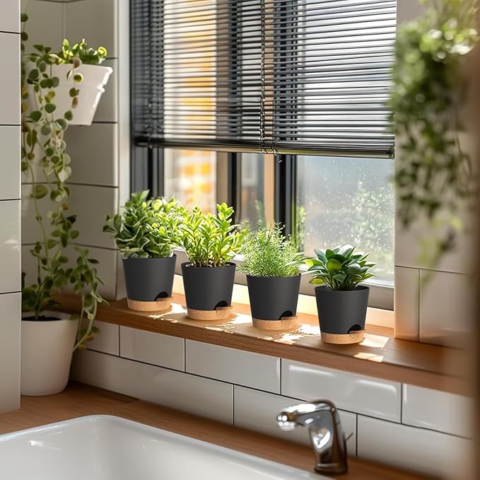 4 inch Self Watering Pots for Indoor Outdoor Plants, 6 Pack Plastic Flower Planters with Drainage Holes and Removable Saucers, Plant Pots with Wicking Rope, Modern Decor, Black Brown