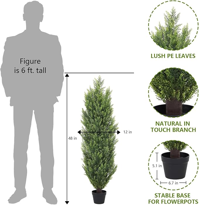 THE BLOOM TIMES 4ft Topiary Trees Artificial Outdoor 2 Pack – UV Resistant Faux Cedar Pine Cypress Bushes and Shrubs, Fake Potted Plants for Front Porch Outside Planter Patio Decor, Set of 2 (4 Foot)