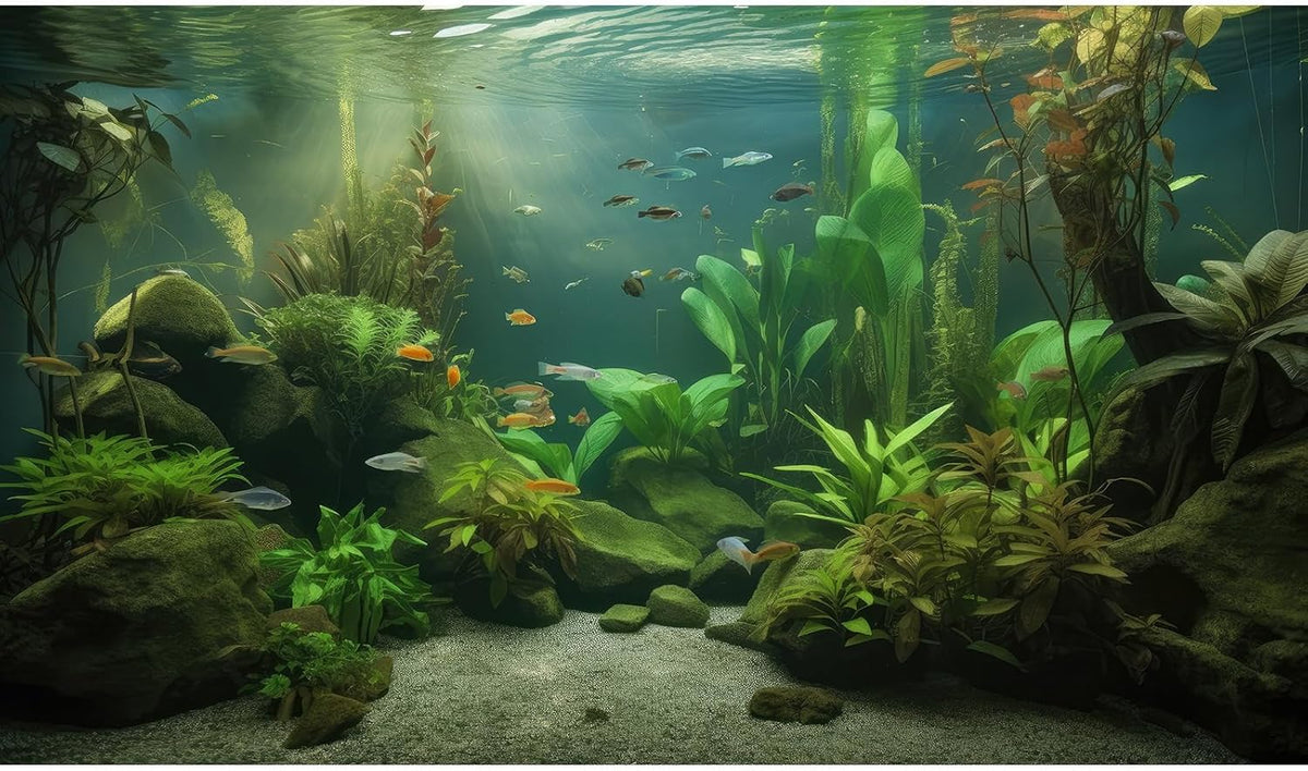Under The Sea Aquarium Background Underwater Aquatic Plants Fish Tank Background Tropical Fish Rock with Moss Terrarium Background Undersea Green Grass with Sunbeams Terrarium Background 60x24in
