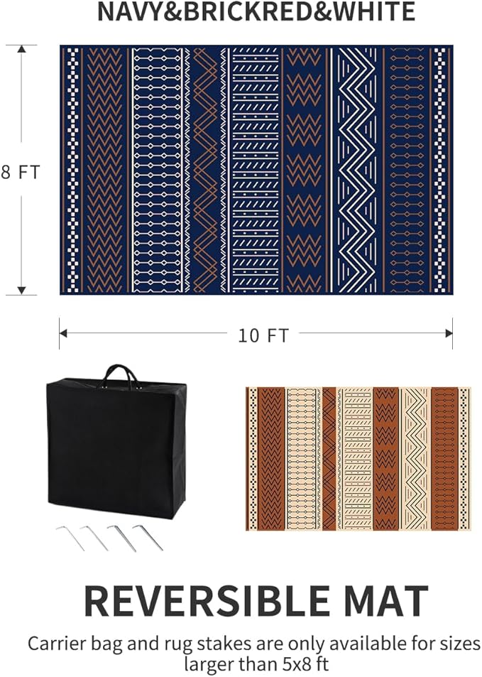Outdoor Rug Carpet Waterproof 8x10 ft Patio Rug Mat Indoor Outdoor Area Rug for RV Camping Picnic Reversible Lightweight Plastic Straw Outside Rug for Patio Decor Decoration Boho Rug Navy Red