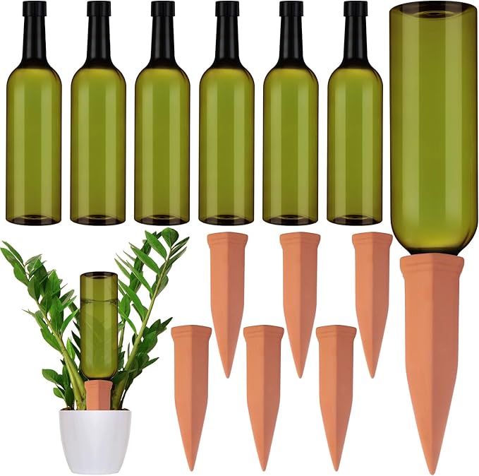 6 Sets Plant Watering Devices Include Terracotta Self Watering Spikes and 26 oz Plastic Bottles, Slow Release Vacation Insert Automatic Plant Waterer Device (Green and Terracotta)