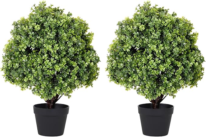 THE BLOOM TIMES 2ft Faux Boxwood Plants Outdoor Set of 2, Topiary Balls Artificial Outside Trees, 24" UV Resistant Fake Greenery Bushes & Shrubs for Front Porch Planter