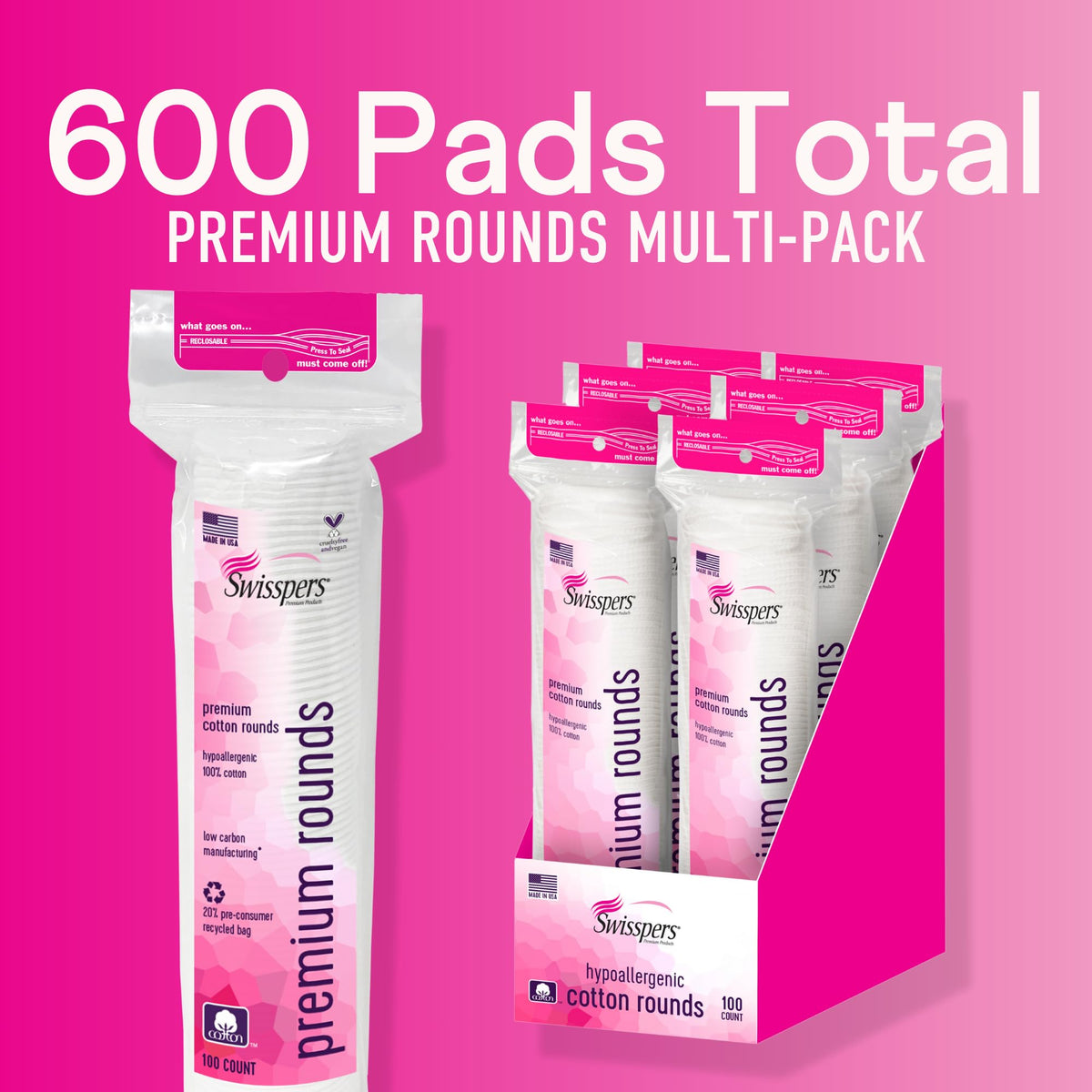 Swisspers Premium Cotton Rounds, Dual-Sided, 100 Count (Pack of 6)
