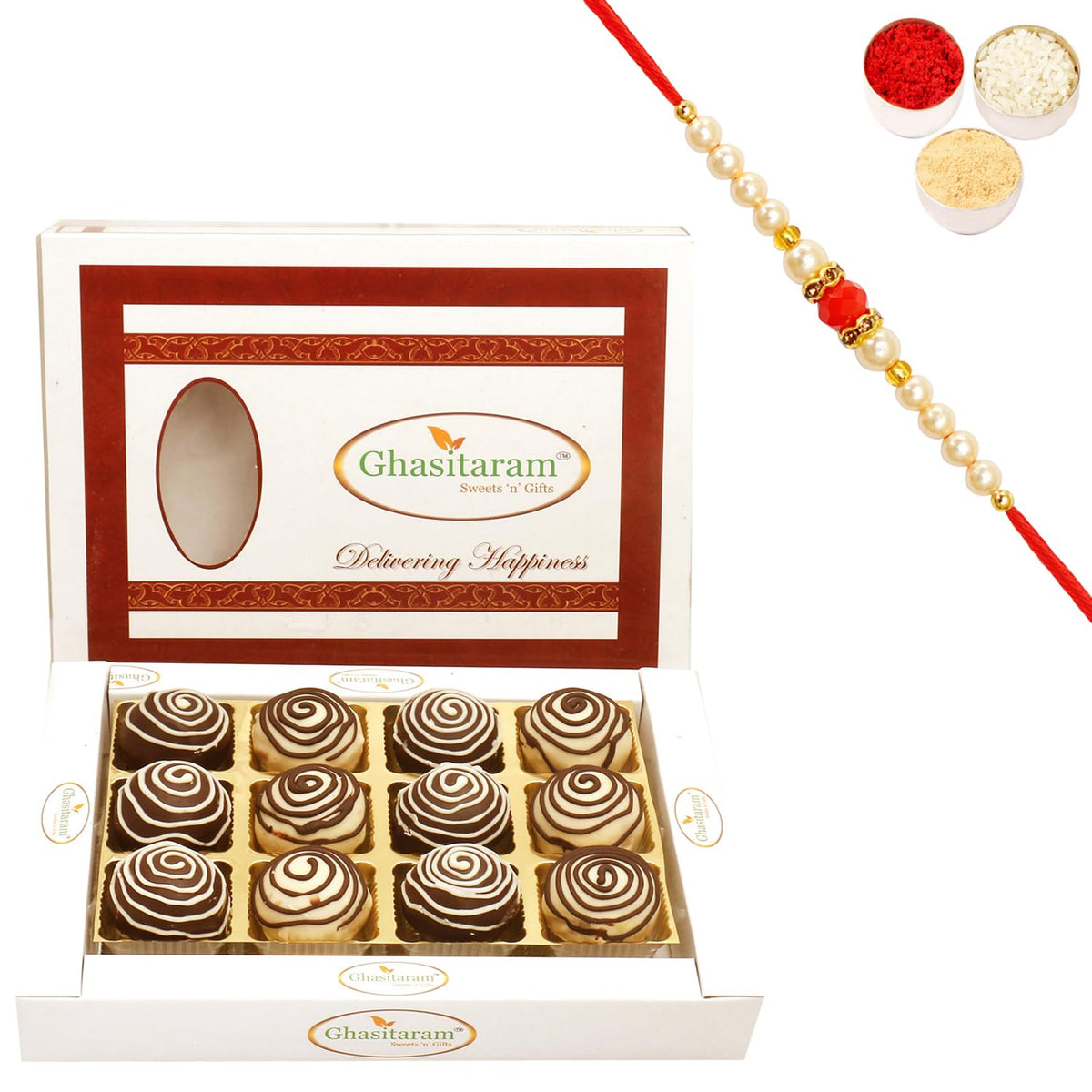Ghasitaram Gifts Rakhi Gifts for Brothers Rakhi Sweets - Chocolate Galaxy Cashew Laddoos in White Box with Beads Rakhi