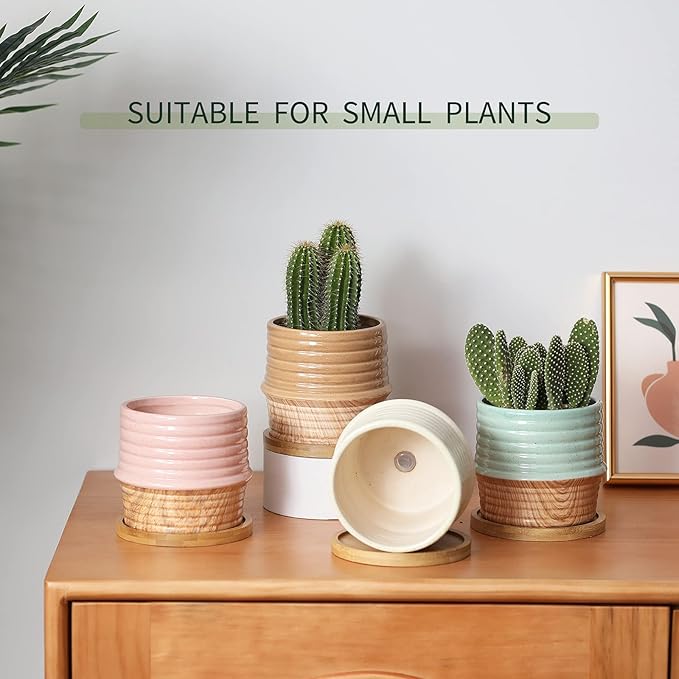 OMAYKEY 4 Inch Ceramic Plant Pot with Saucer, Water Transfer Printing Grain Planters Pots with Drainage Hole & Mesh Pads for Succulent, Indoor Flowers, Snake Plants, Cactus, Herbs, Set of 4