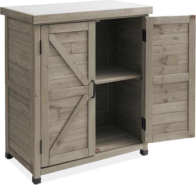 Casafield Outdoor Garden Potting Bench with Metal Tabletop and Storage Cabinet - Wooden Outdoor Garden Patio Workstation Table, Gray