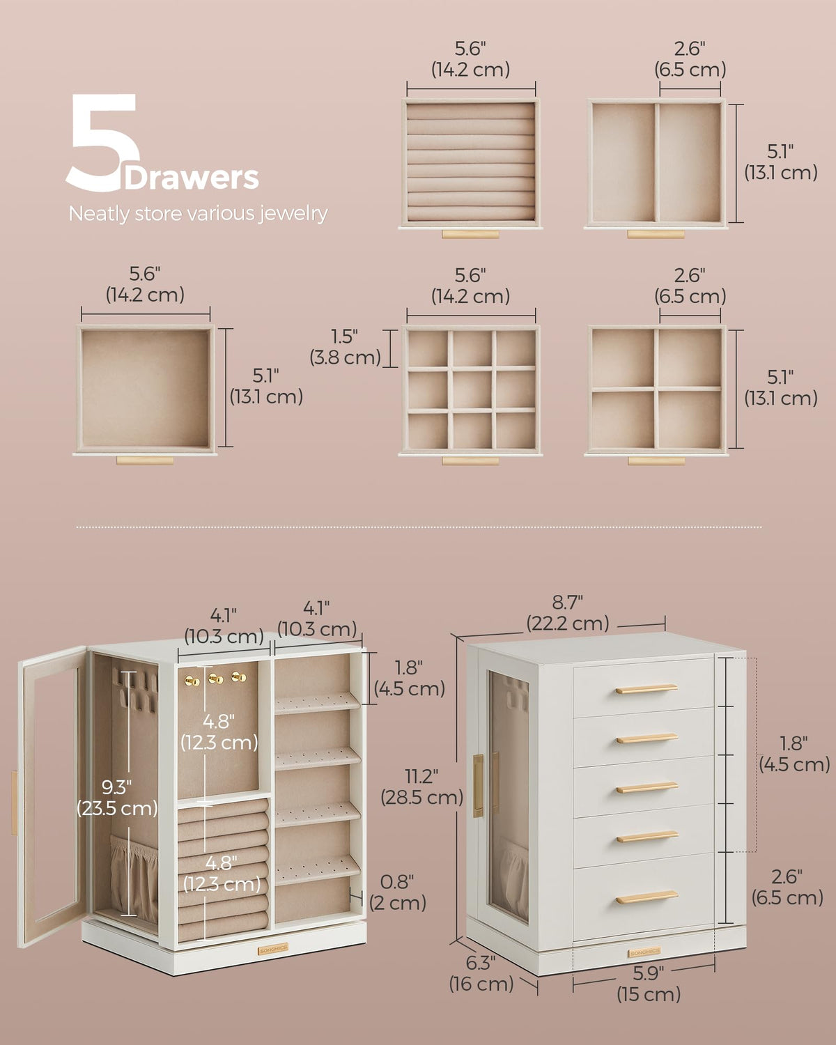 SONGMICS Jewelry Box Organizer, 360° Rotating, 5 Drawers, Cloud White