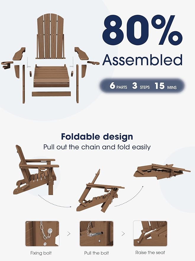 KINGYES Folding Adirondack Chair Set of 8, Dual Cup Holders & All-Weather HDPE, Wood-Like Patio Chair for Backyard, Camping, Pool & Fire Pit, Brown