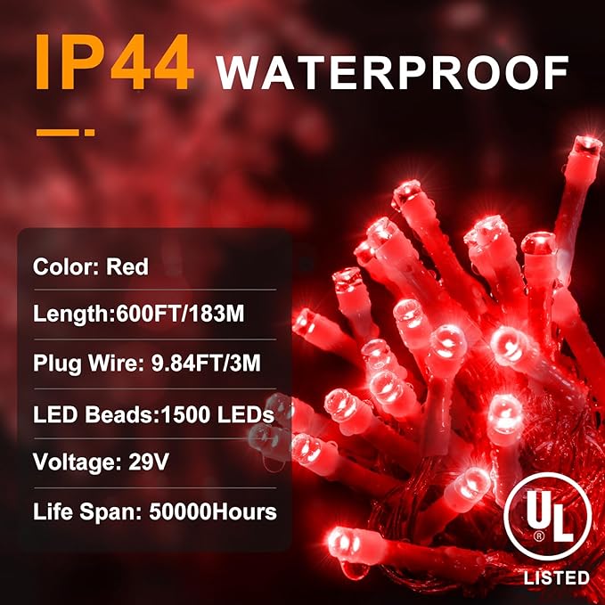 KNONEW 600ft 1500 LED String Lights Outdoor Christmas Lights 8 Modes & Timer Fairy Light Plug in Waterproof LED String Lights for Xmas Yard Tree Wedding Party Holiday Decorations (Red)