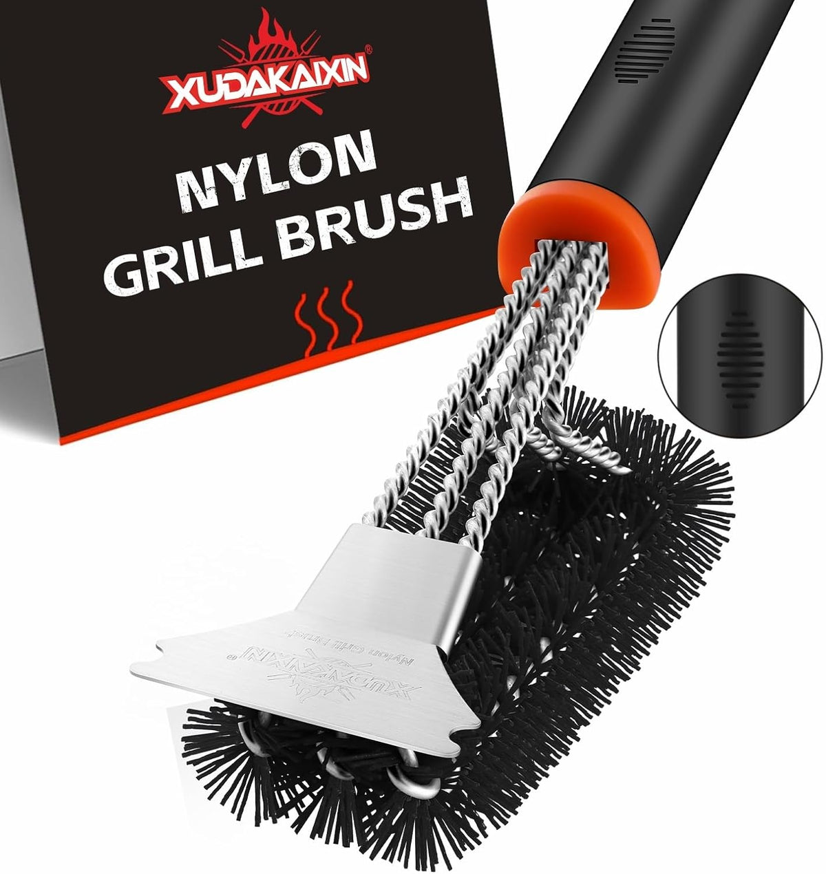 Grill Brush and Scraper, Safe Nylon Bristles Barbecue Triple Scrubbers Cleaning Brush for Cast Iron Grates/Porcelain/Weber Gas/Charcoal Grill，Extra Strong BBQ Cleaner Accessories (Black)