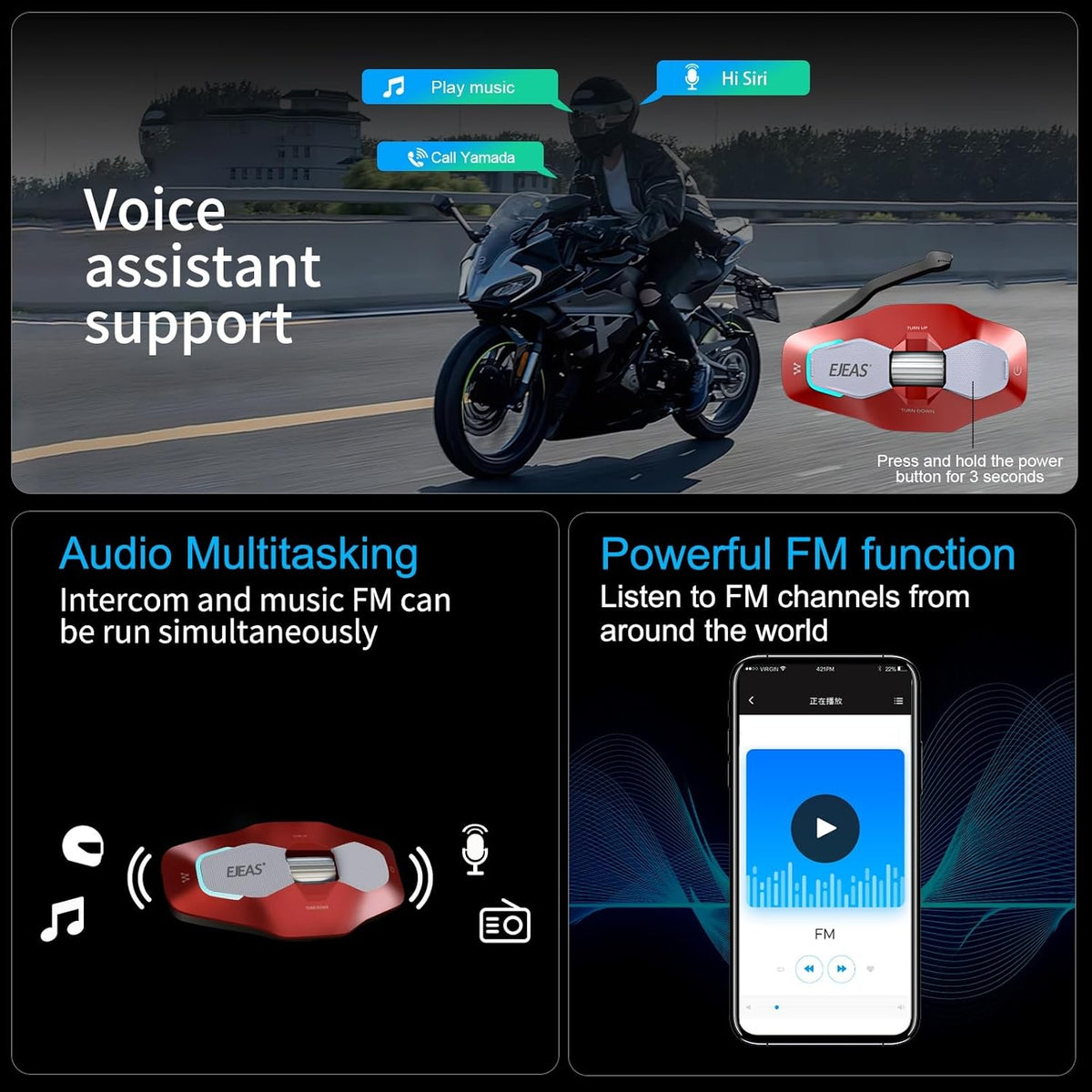 SolaMr X10 Motorcycle Helmet Bluetooth Headset Speakers Headphone, Ski Helmet Intercom Integrated Mesh Communication System Support 10 Riders with Bluetooth 5.1, Music Sharing, FM Radio, Red