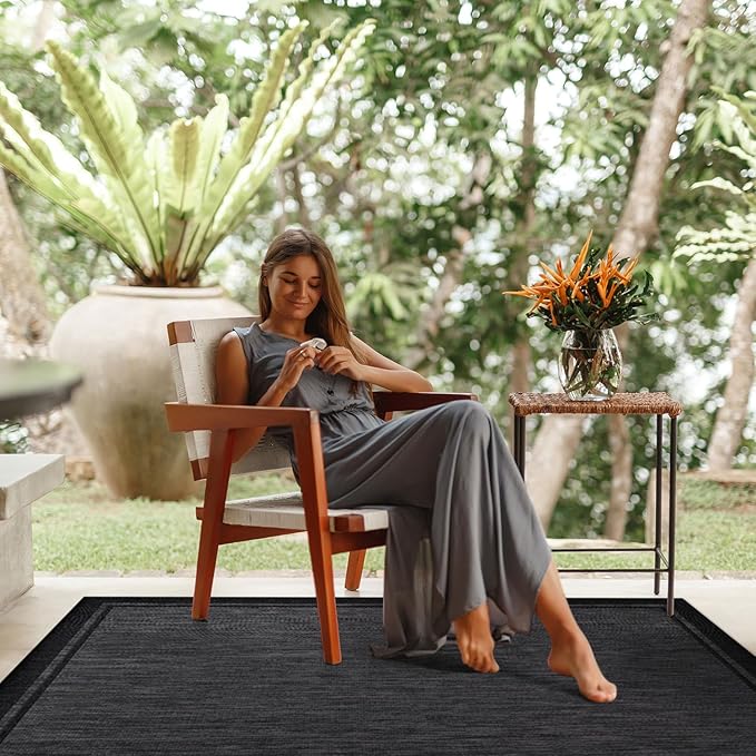 CAMILSON Indoor Outdoor Rug, 8x10 Bordered Dark Gray Black Modern Area Rugs for Indoor and Outdoor Patios, Kitchen and Hallway Mats, Washable Porch Deck Outside Carpet (Bordered Black, 8 x 10)