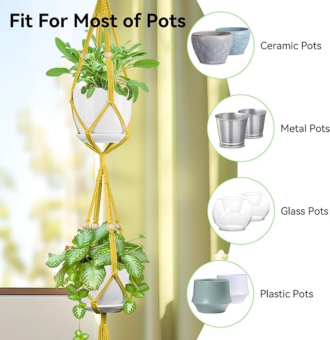 USLAI Macrame Plant Hanger Indoor Outdoor, Up to 4-15 inch Pot, Heavy 20lb Planters, Extra Long Strong Hanging Planter Basket Holder, Boho Home Decor, 49+72 Inch, Yellow (POTS NOT Included)