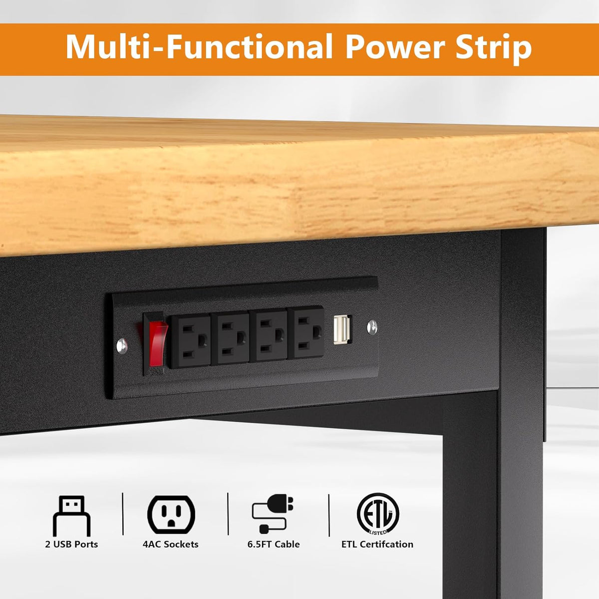60" Adjustable Height Workbench with Wheels, Heavy-Duty Solid Wood Work Table with Power Outlets, 2000 LBS Capacity Workstation for Garage, Workshop(60" X 24")