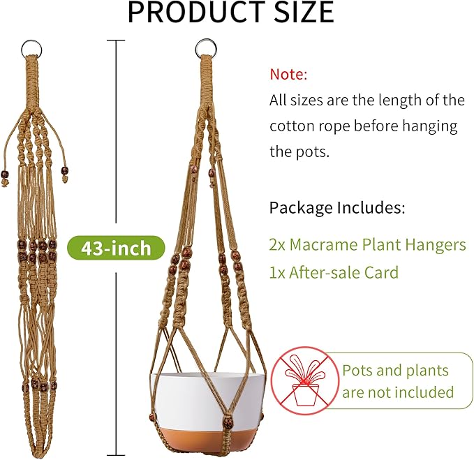43 Inch Macrame Plant Hanger - Fits 6-15 Inch Pots, Extra Long Hanging Planter Holder for Indoor Outdoor, with Red Wood Beads, Boho Home Decor, 2 Pack, Brown (POTS NOT Included)