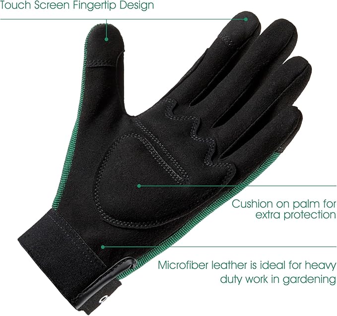 COOLJOB Thorn Proof Garden Gloves with Touchscreen Fingers for Men, Rose Pruning Work Gloves with Palm Cushion for Gardener, Farmer and Landscaper (Green 1 Pair Small)