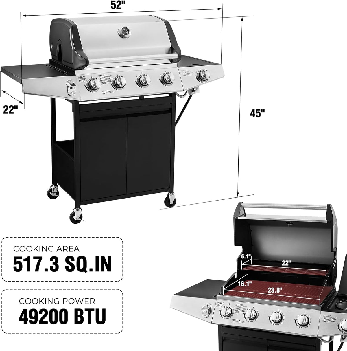 4 Burners Gas Grill with Side Burner, Propane Grill with Wheels and Storage, Outdoor Gas BBQ with Oil Tray and Thermometer for Patio and Party, 49200 BTU