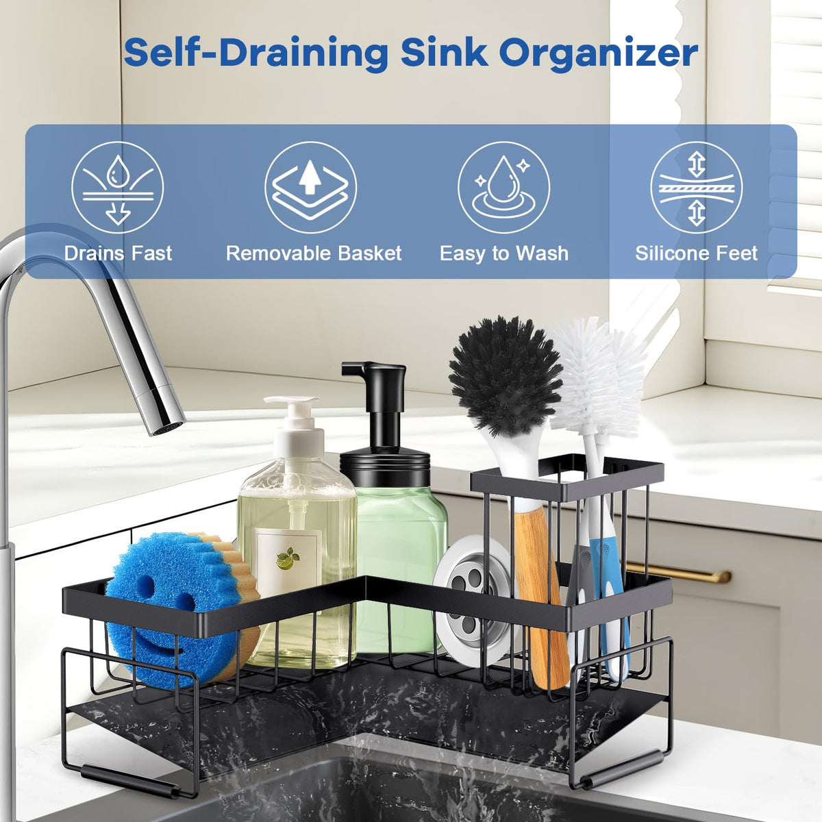 RealPlus Large Sponge Holder for Sink Caddy, 90° Kitchen Sink Organizer