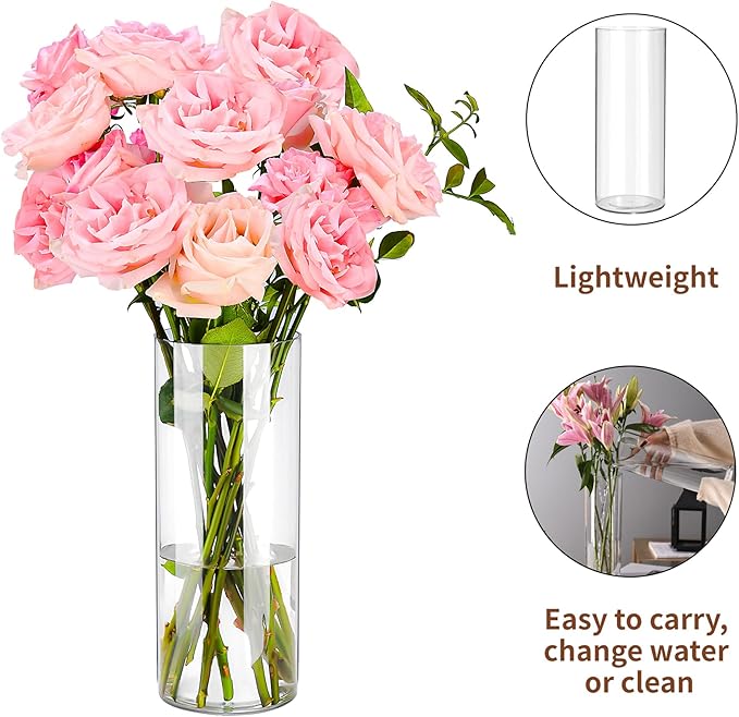 Clear Flower Vase, Non-breakable Vases, 6" W x 10" H, Acrylic Vase, Aesthetic Room Decor Cylindrical Modern Flower Vases for Table Centerpiece, Home Decor, Women Floral Arrangement Gift