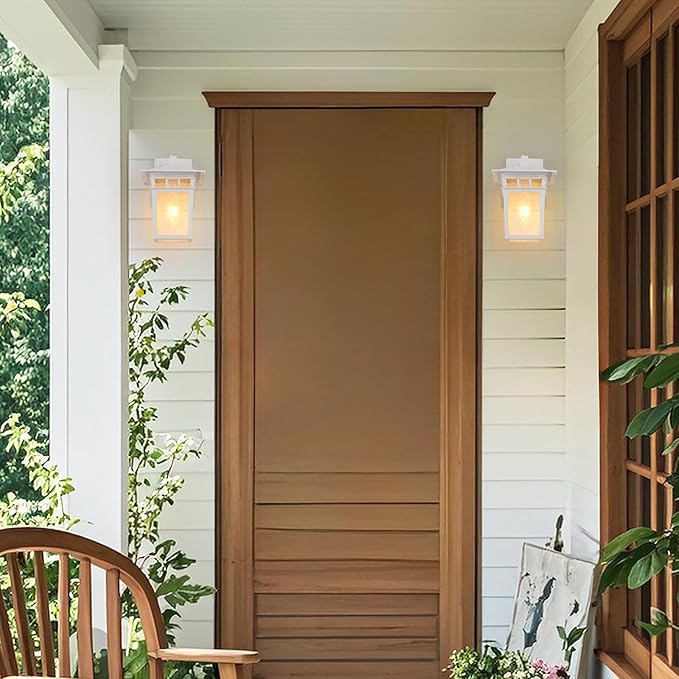 Outdoor Wall Lantern, Exterior Lighting Fixtures Wall Mount, 2 Pack White Outdoor Sconces with Seeded Glass, Exterior Porch/Patio Lights for House Front Door Garage