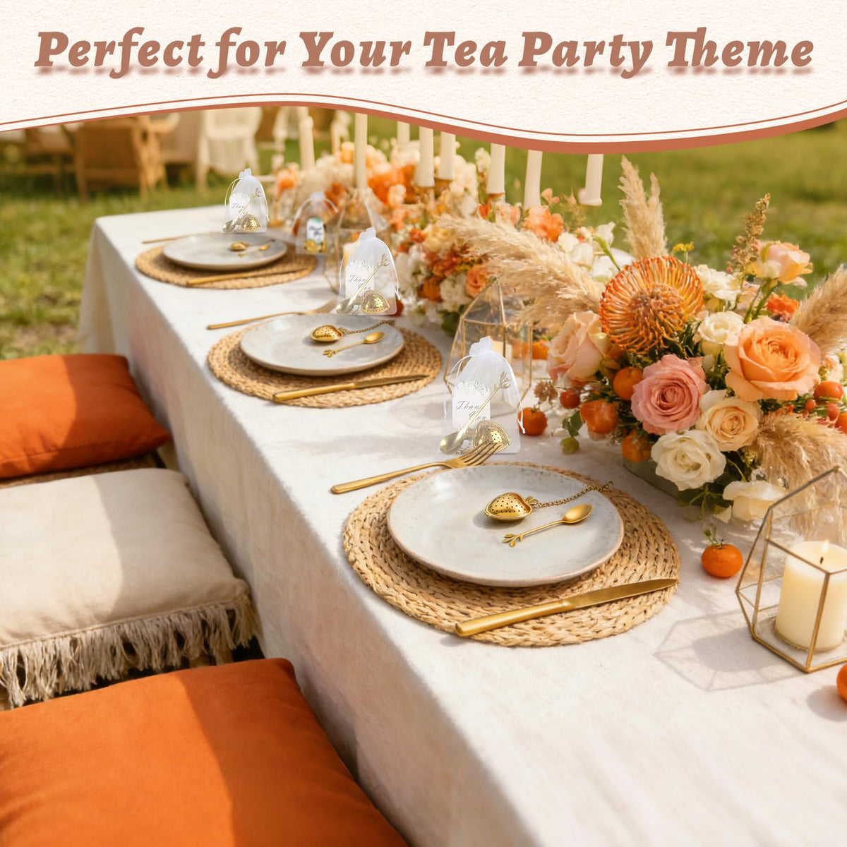 30 Pack Tea Party Favors Heart Strainers Gold Leaf Spoons