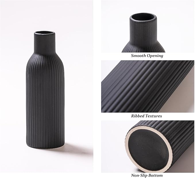 Ceramic Vase Set of 3, Flower Vases for Spring Room Decor, Kitchen Farmhouse, Modern Boho Style(Khaki/Black/Grey)