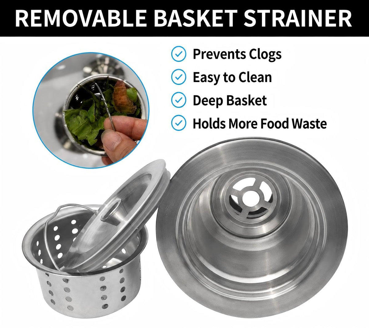 LYNNADO Kitchen Sink Drain Assembly Kit, 3-1/2 Inch Brushed 304 Stainless Steel Basket Strainer with Deep Removable Basket, Stopper & Cover Lid, Fits Standard Kitchen Sinks