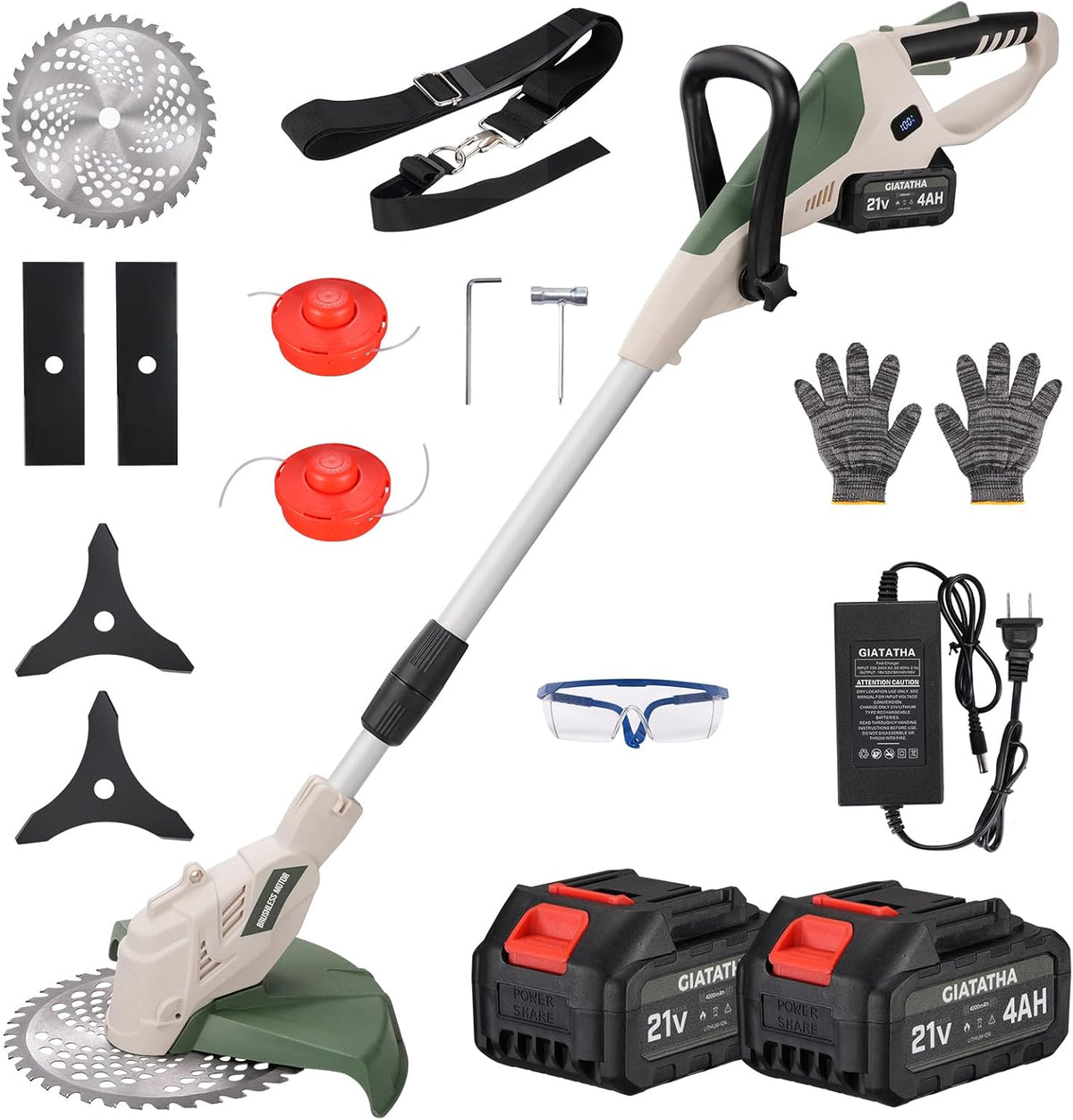 Electric Weed Wacker Cordless, Brushless Grass Trimmer with 2 21V 4.0Ah Batteries and Charger,4 Types of Blades String Trimmer, Weed Eater Battery Powered with Shoulder Strap, Lawn Edger Tool