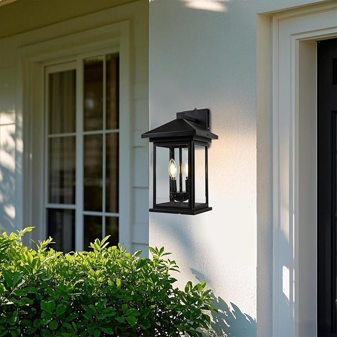 Dusk to Dawn Outdoor Wall Lantern, Exterior Wall Sconce Fixture with Tempered Clear Seeded Glass, Matte Black Finish for Outdoors (Large Wall Mount)