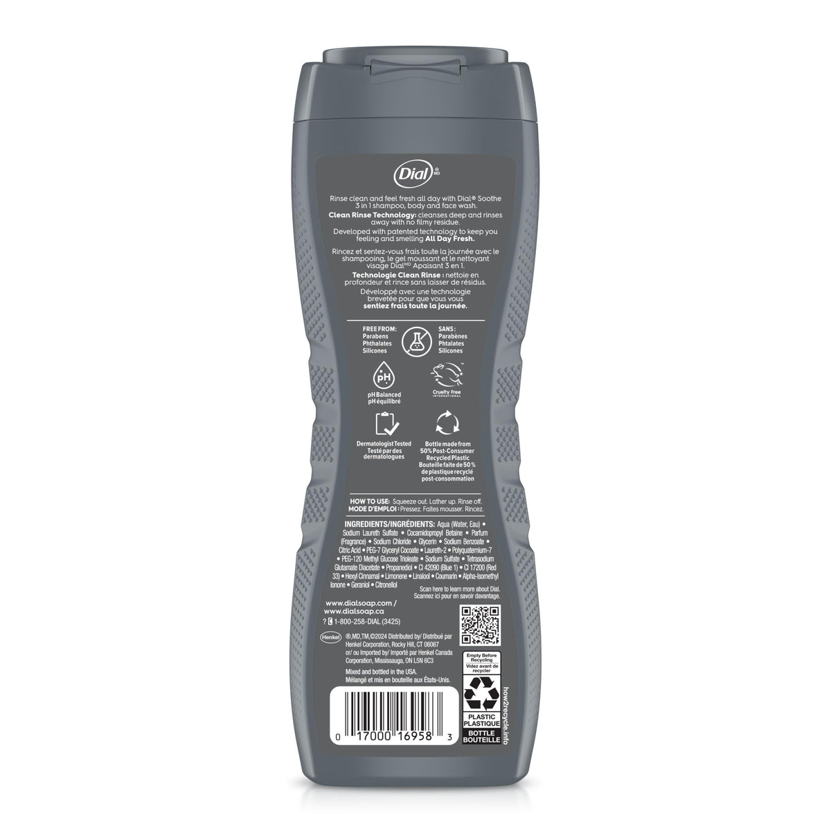 Dial Men 3 in 1 Body, Hair and Face Wash, Soothe, 16 Fl Oz, 4-Pack