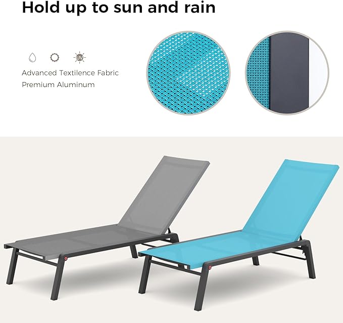 Patio Chaise Lounge Set of 2 with 4 Adjustable Backrest, Foldable Aluminum Chaise Lounge Chair Recliner for Outdoor, Poolside, Sun Tanning Blue