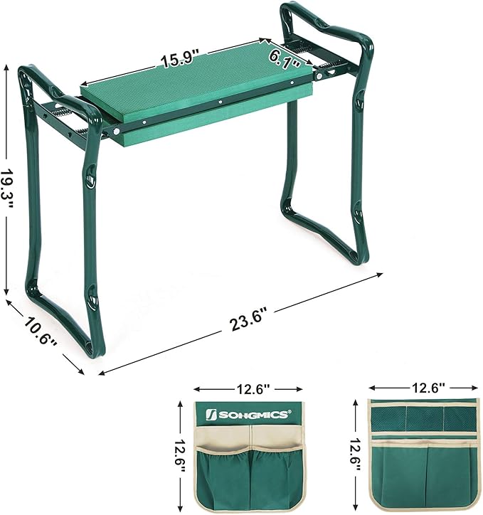 SONGMICS Garden Kneeler and Seat, Multifunctional Garden Kneeling Bench, Gardening Gifts for Women Men, Folding Gardening Stool, with 2 Tool Bags, 6-Inch Wide Kneeling Pad, Dark Green UGGK50L