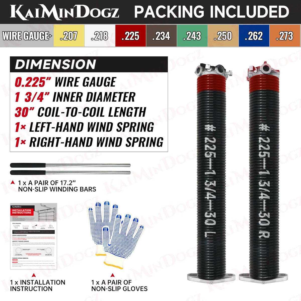 Pair of 1.75" Garage Door Torsion Springs Set with Non-Slip Winding Bars&Gloves, High Precision Electrophoresis Oil-Free Black Coated for Replacement, MIN 16,000 Cycles (0.225 x 1.75"x 30")