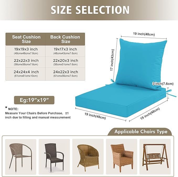 24x24 Inch Outdoor Cushions for Patio Furniture Set of 2, Waterproof Outdoor Chair Cushions w/Fade-Resistant, Removable & Machine-Washable Covers, Deep Seat Sofa/Couch Pad Replacement, Teal