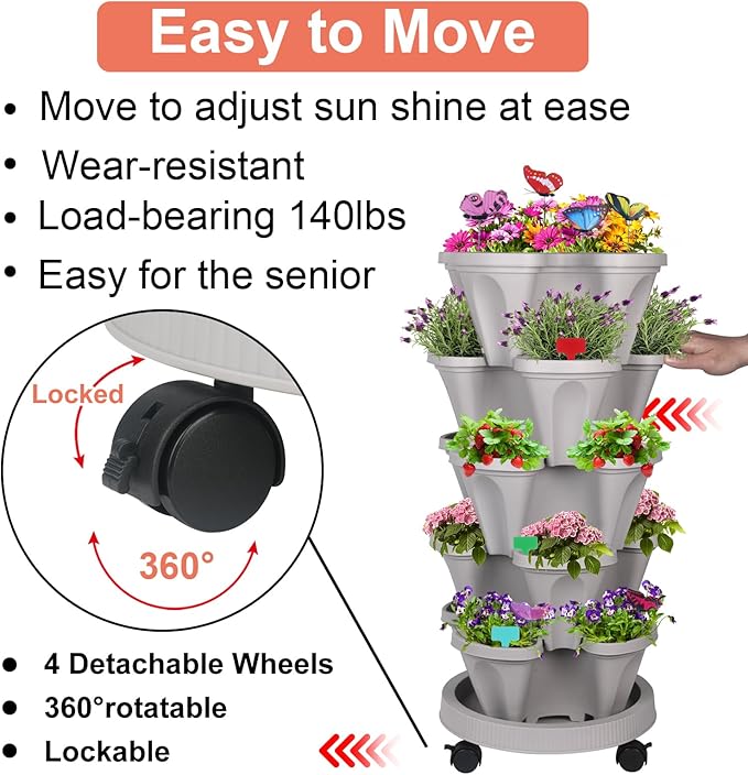 Vertical Planter, 5 Tier Stackable Strawberry Planter with Garden Tool Set, Movable Indoor/Outdoor Garden Herb Pot for Growing Vegetables and Succulents, Gray