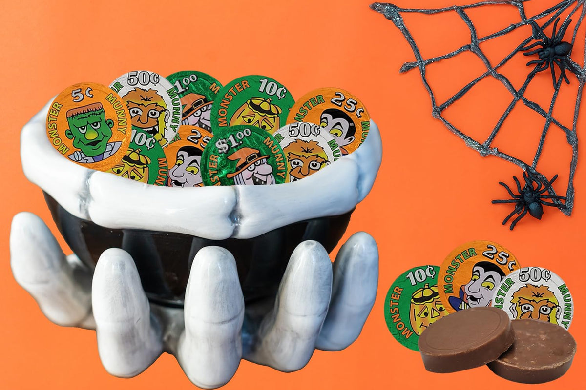 Fruidles Halloween Monster Money Coins Munny, Trick-Or-Treat Party Bag Fillers, Individually Wrapped in Orange, Green, Silver Coin Design Foils