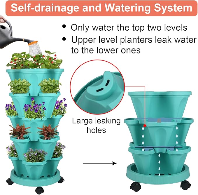 Vertical Planter 5 Tier Stackable Planters Garden Planters Strawberry Herb Flower and Vegetable Planter Indoor Outdoor Gardening Pots with Removable Wheels and Tools