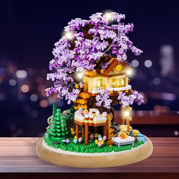 DIY Flower Building Toy Sets Miniature Cherry Blossom Tree House Building Kit, Purple & Yellow Sakura Flowers, Building Blocks Set for Adults & Girls - Bonsai Tree Model with Dust Cover