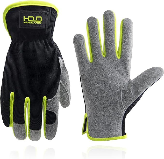 HANDLANDY Leather Work Gloves for Men & Women, Reinforced Durable Garden Gloves, Cowhide Working Glove for Gardening
